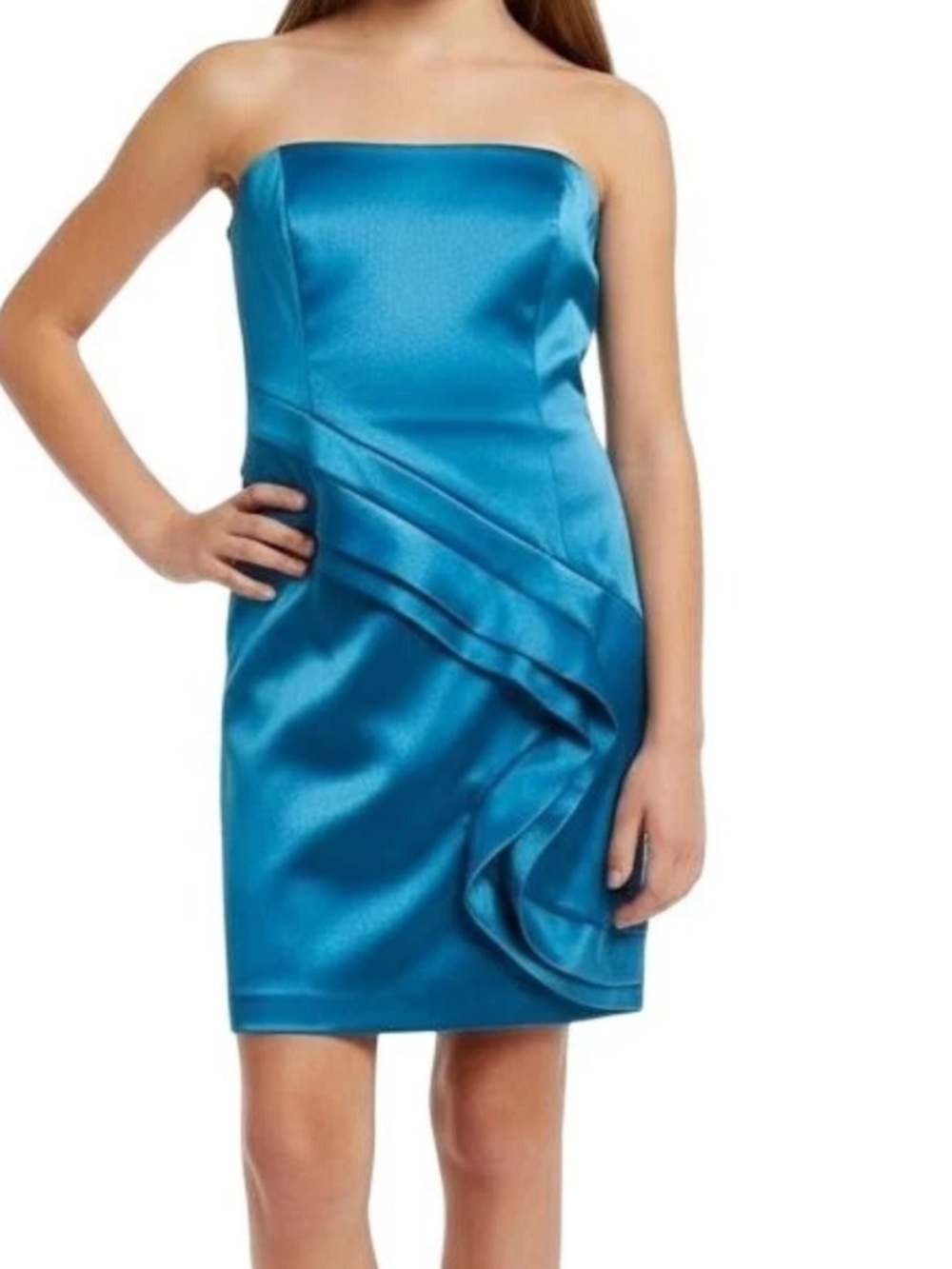Kenzie Strapless Satin Dress in Teal Blue